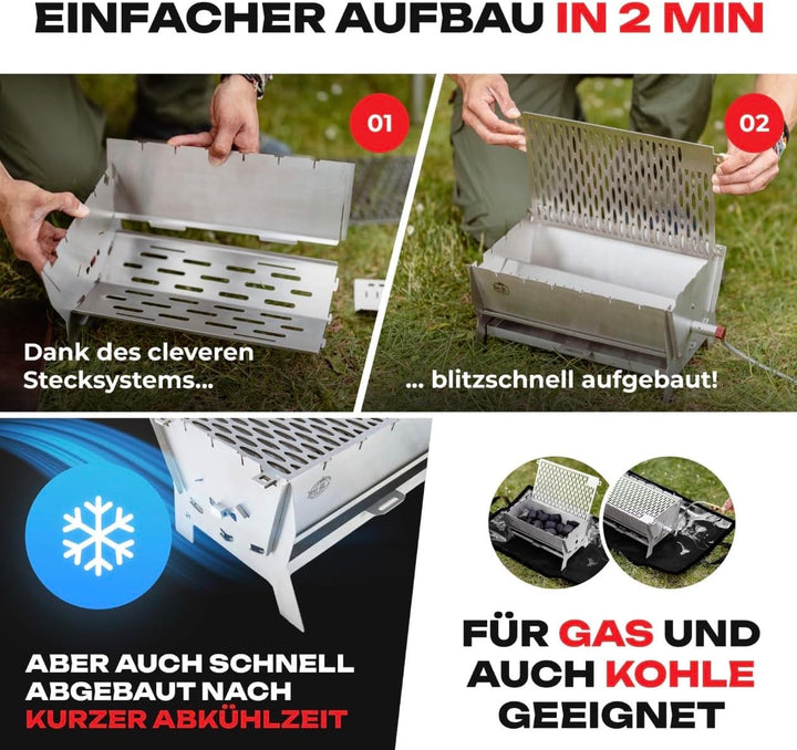 Little Bro Mobiler Steckgrill 2-in-1 Edelstahl Grill für Gas &amp; Kohle - Inkl. Tasche (Grillmatte) &amp; S