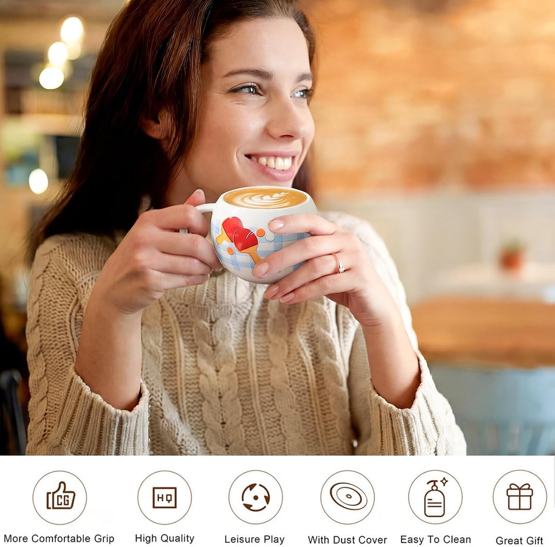 Lustige Tischtennis Kaffeetasse, Pingpong Keramik Becher, Ballform Cappuccino Tassen mit Deckel, Ges