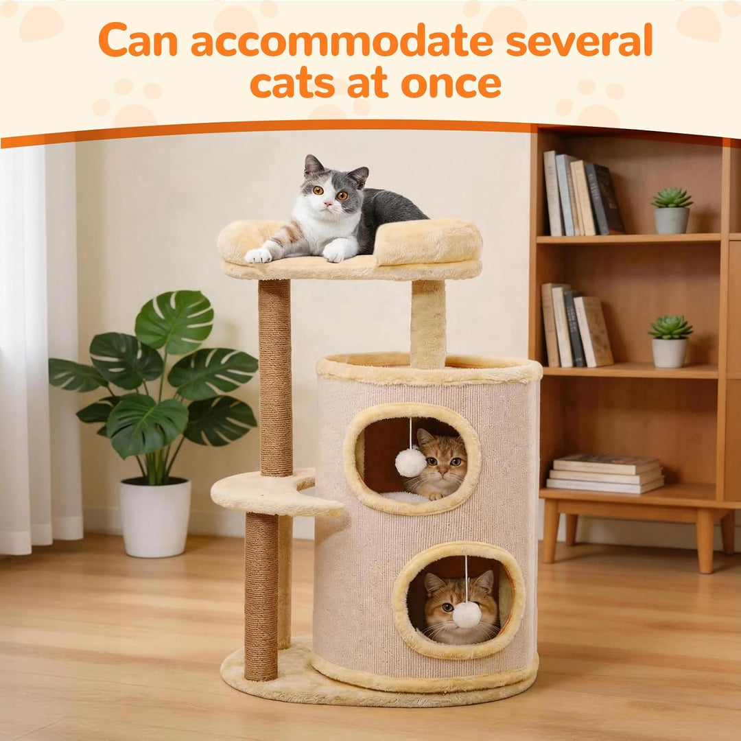 Kratztonne für Katzen 4-stöckig | Kratzbaum mit Sisalstangen und Plüschbällen | Kletterspass für kle