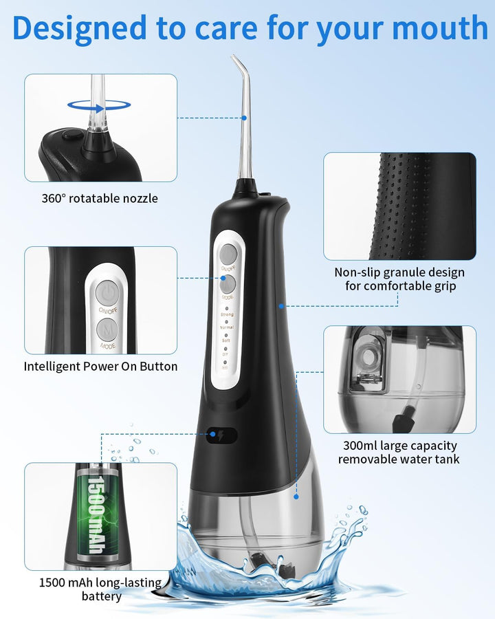 Munddusche Kabellos, Elektrischer Zahnreiniger, 4 Modi 9 Düsen USB-C Wiederaufladbare Wasser Flosser