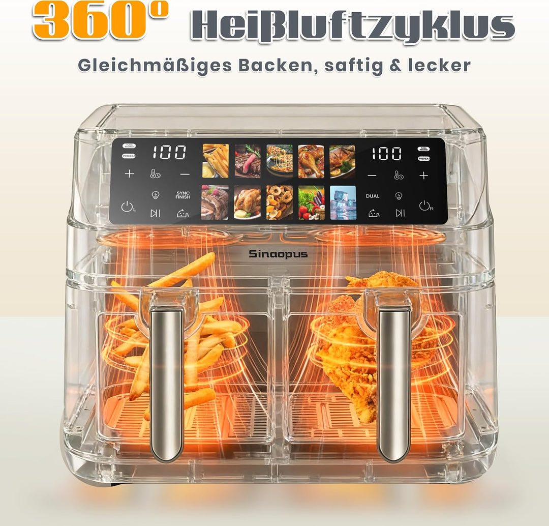 2000W Heissluftfritteuse mit 2 Kammern, 8.5 L Airfryer, 10 Programme, Touch-Bedienung, Air Fryer mit