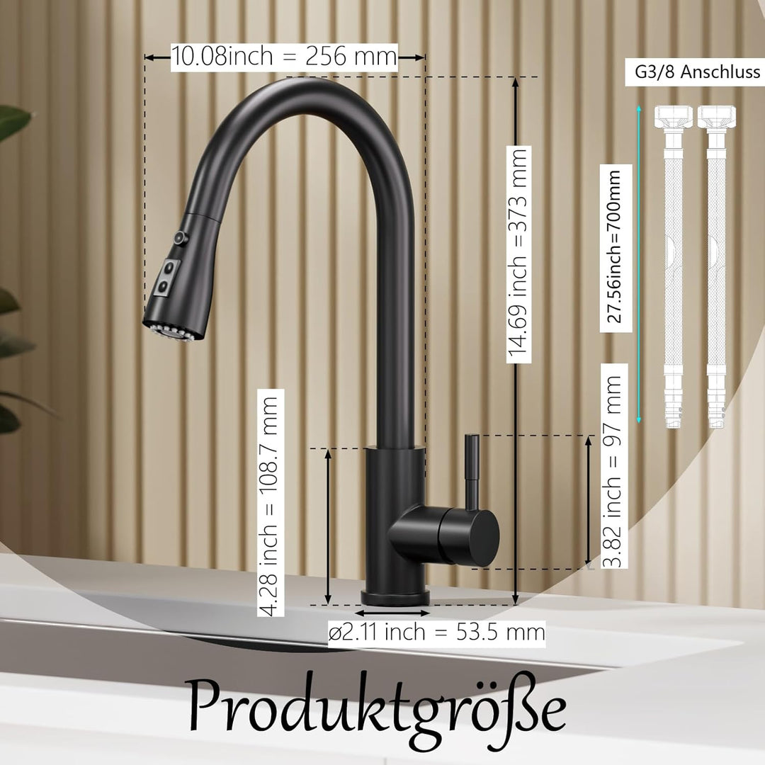 Wasserhahn Küche Schwarz, SEMANEY Hochdruck Küchenarmatur Ausziehbar, 3 Funktionen Einhebel Spültisc
