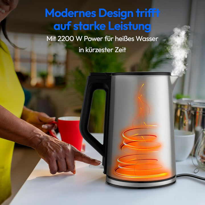 MEDION Wasserkocher Edelstahl (1,5 Liter, 2.200 Watt, 360° Basis, Warmhaltefunktion, LED Betriebsanz
