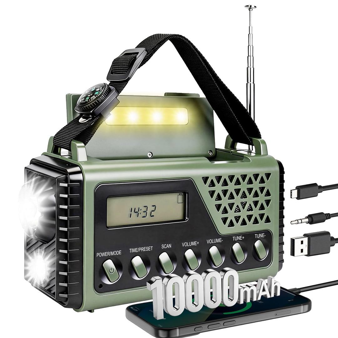 10000 mAh Kurbelradio, Solar Notfallradio mit AM/FM/SW Empfang | Dynamo Notradio, HandyLadegerät, Ta