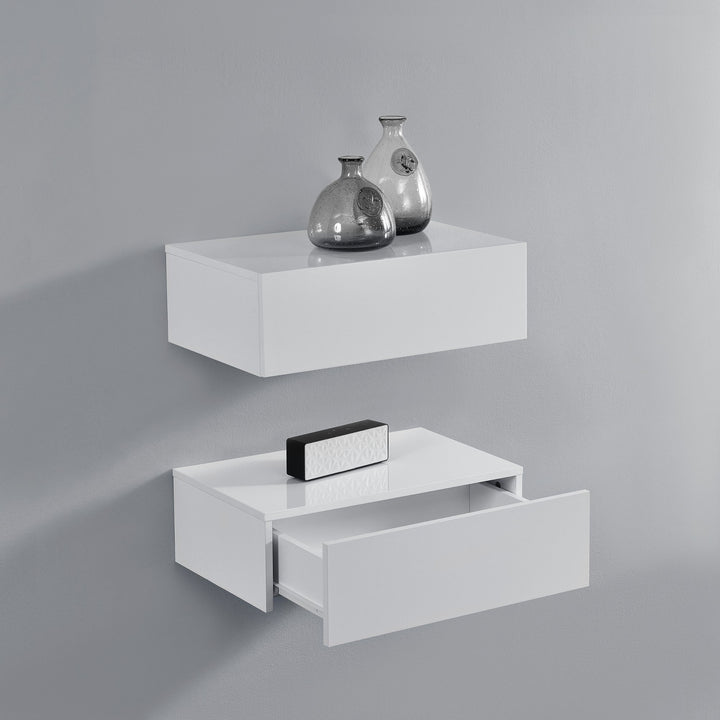 [en.casa] Wandregal Oslo mit Schublade 2er Set Nachttisch schwebende Nachtkommode Hängeregal Wandboa