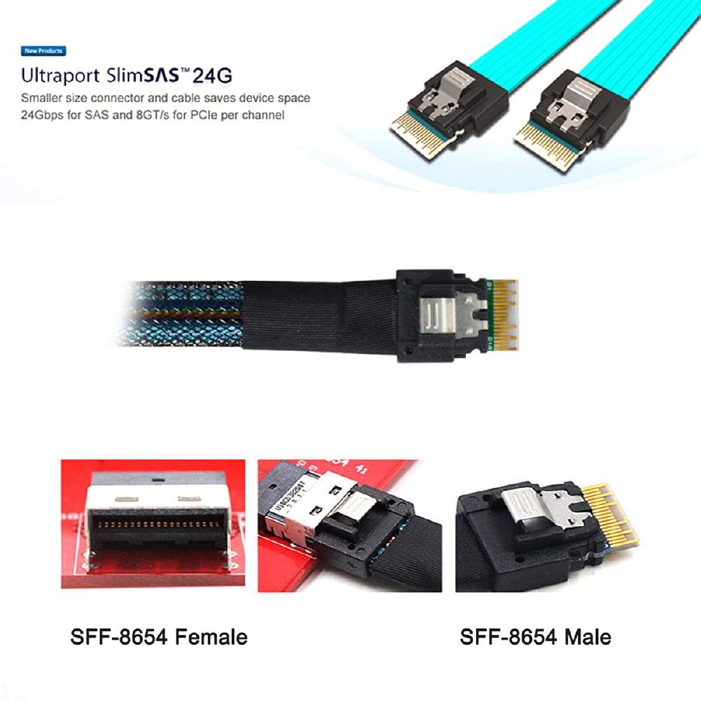 Cablecc PCI-E Slimline SAS 4.0 SFF-8654 4i 38pin Host auf SFF-8654 Slim SAS Target Kabel 50cm Black,