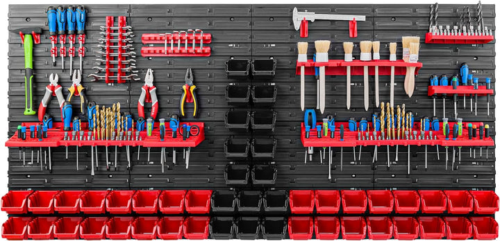 Lagersystem Werkstattregal | 156 x 78 cm | 48 stck. Box | Wandregal mit Werkzeughalterungen und Stap
