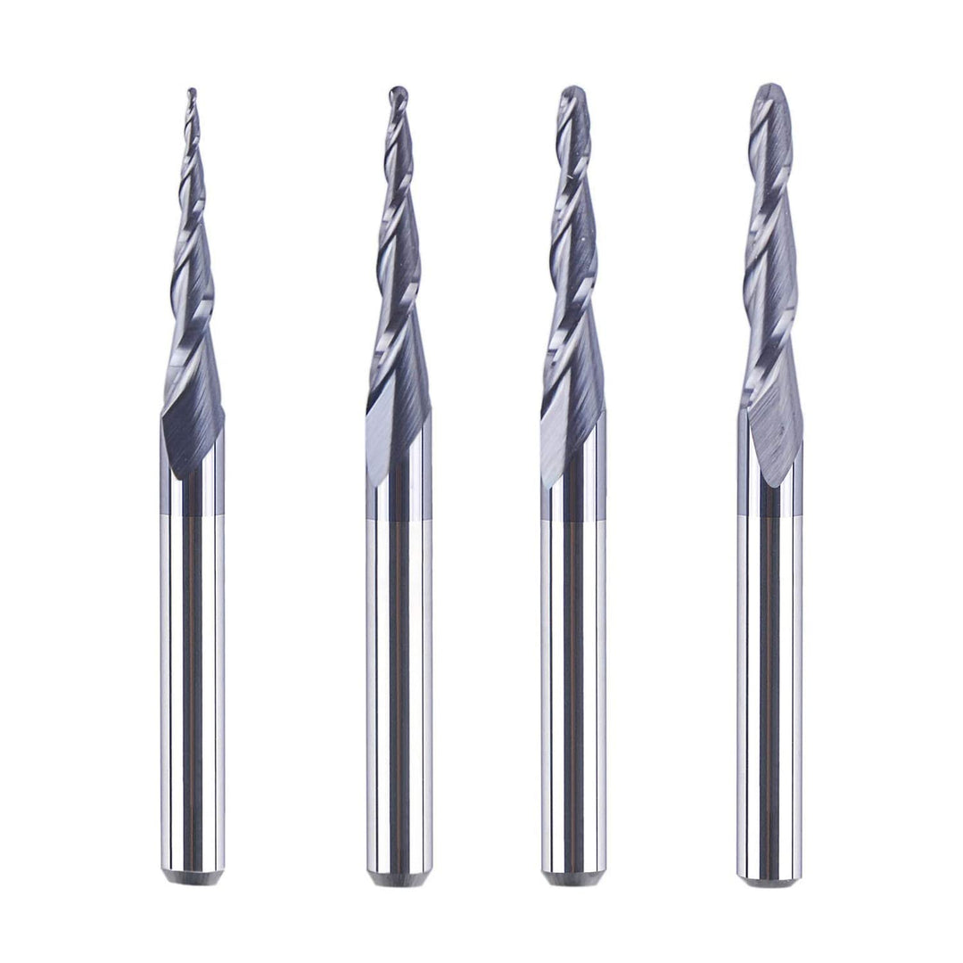 SpeTool 4 Stück 2 Flöten Kugelkopffräser mit Konischer Spitze Fräser CNC Gravierfräser R0,25mm-1,0mm