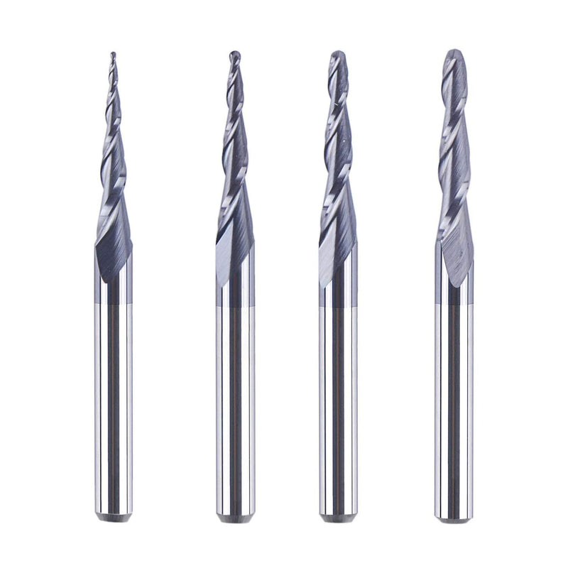 SpeTool 4 Stück 2 Flöten Kugelkopffräser mit Konischer Spitze Fräser CNC Gravierfräser R0,25mm-1,0mm