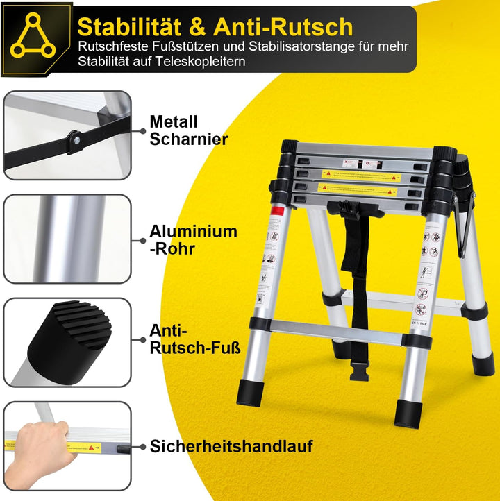 Fiqops 1.4m+1.7m Aluminium Teleskopleiter Klappleiter A-Rahmen 4 + 5 Stufen, Ausziehleiter für Dachr