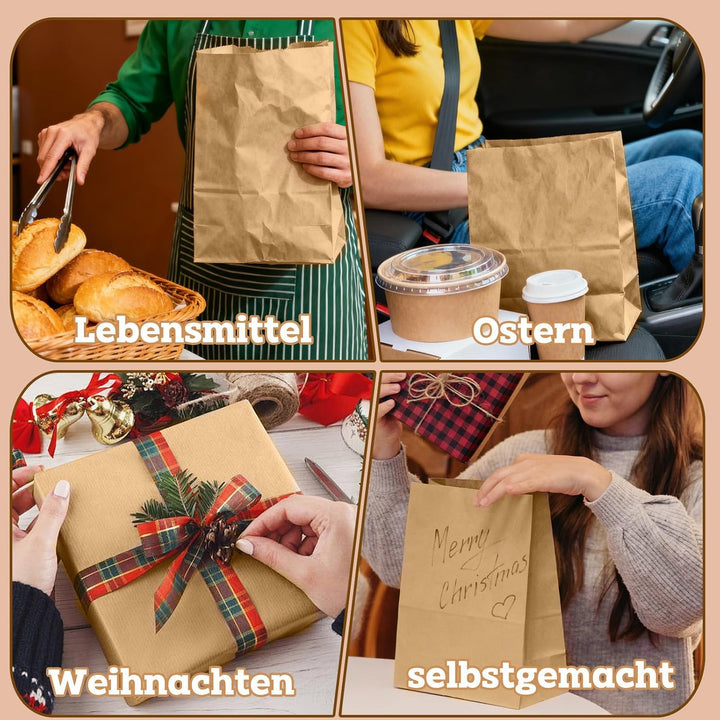 100 Stück Papiertüten Gross 20x12,5x30,5cm Papiertüten Braun Kraftpapier Brotbeutel für Geburtstagsp