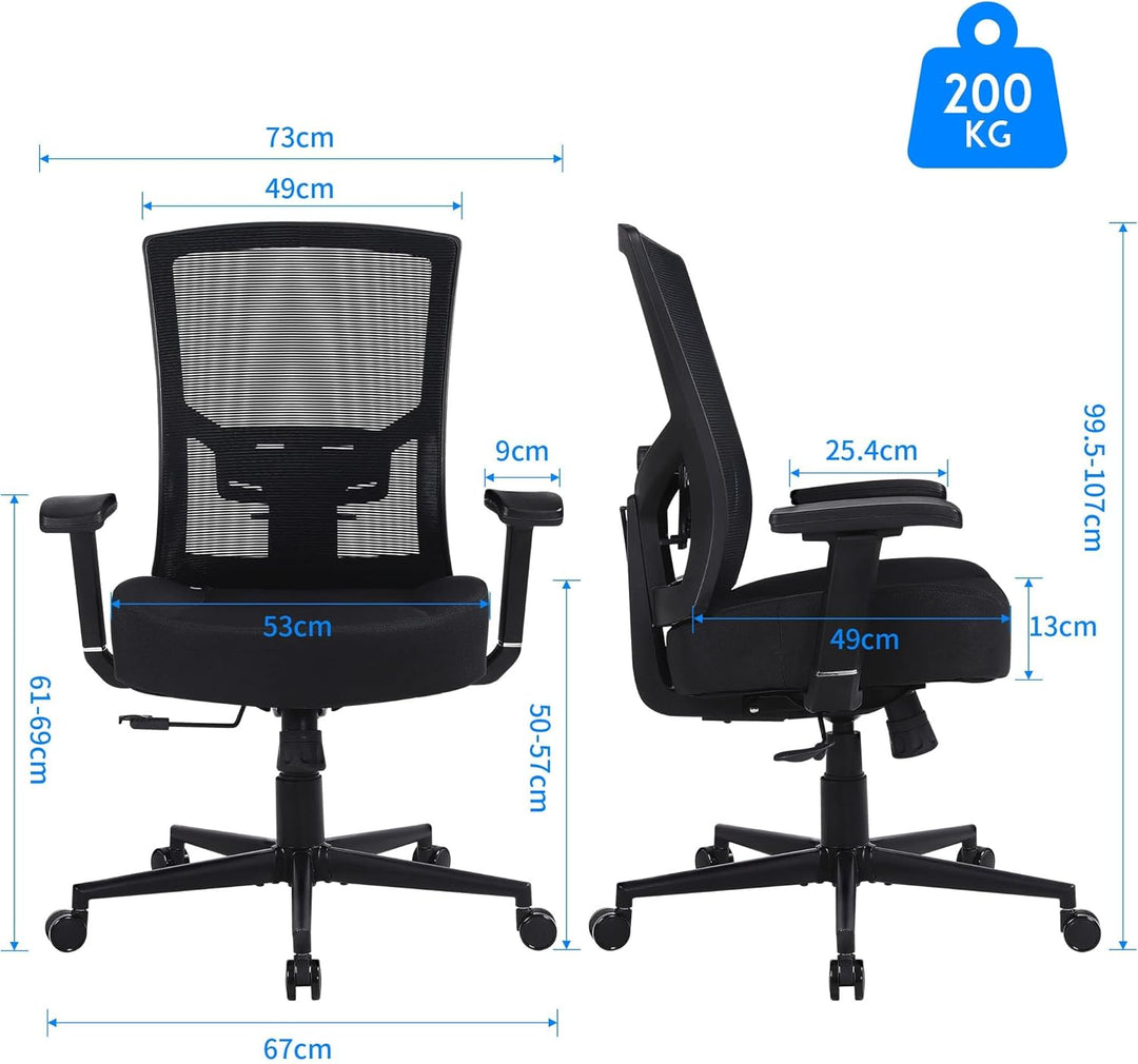 Blue Whale Bürostuhl 200KG Ergonomischer Schreibtischstuhl mit Verstellbaren Armlehnen Hoher Rücken