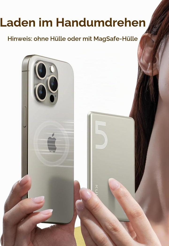 Kuulaa Ultra Slim MagSafe PowerBank, 5000mAh Kabelloses Ladegerät kompatibel mit iPhone 15 Pro/15 Pr