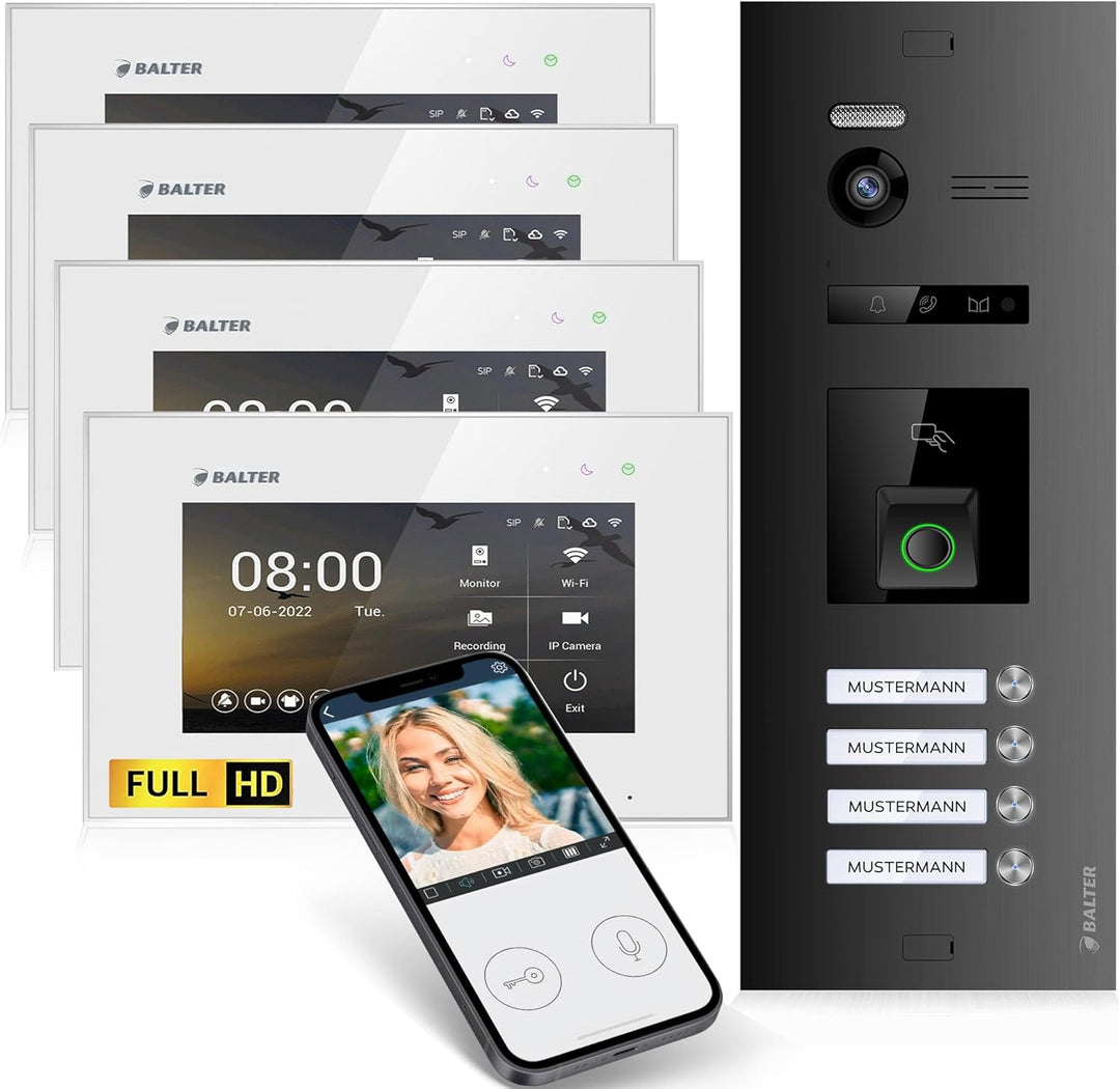 Balter EVO-HD Video Türsprechanlage mit Fingerprint, Video Türklingel, Smartphone App, 4 Familienhau