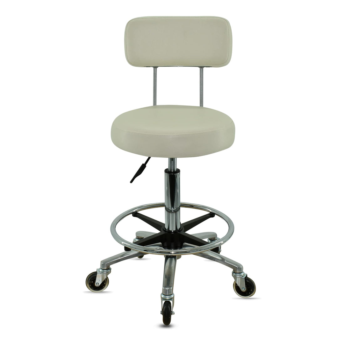 Premium Rollhocker in Weiss mit Lehne und Fussring - Höhenverstellbar 55-75 cm - Rundsitz Drehhocker