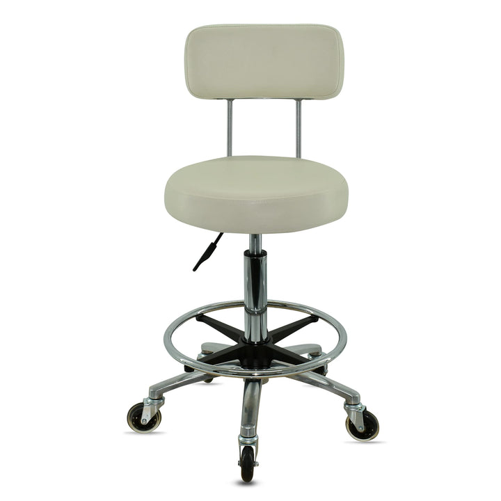Premium Rollhocker in Weiss mit Lehne und Fussring - Höhenverstellbar 55-75 cm - Rundsitz Drehhocker