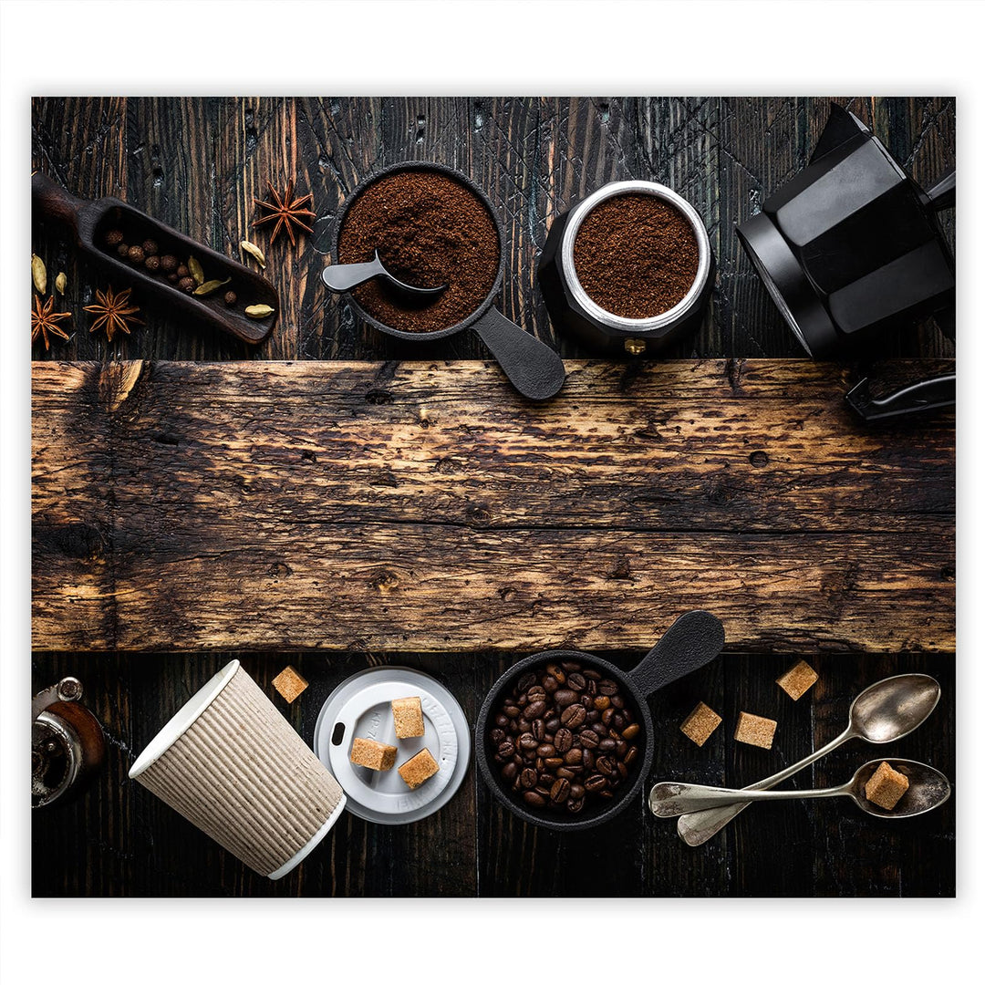 SmartDecoration Herdabdeckplatte Ceranfeldabdeckung aus Glas 60x52 cm Einteilig Motiv "Kaffee" Holzf