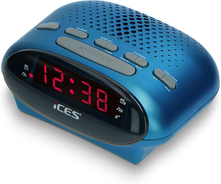 Ices ICR-210 Blue - FM Uhrenradio - Radiowecker mit 2 Weckzeiten - PLL FM - Schlummerfunktion - Slee