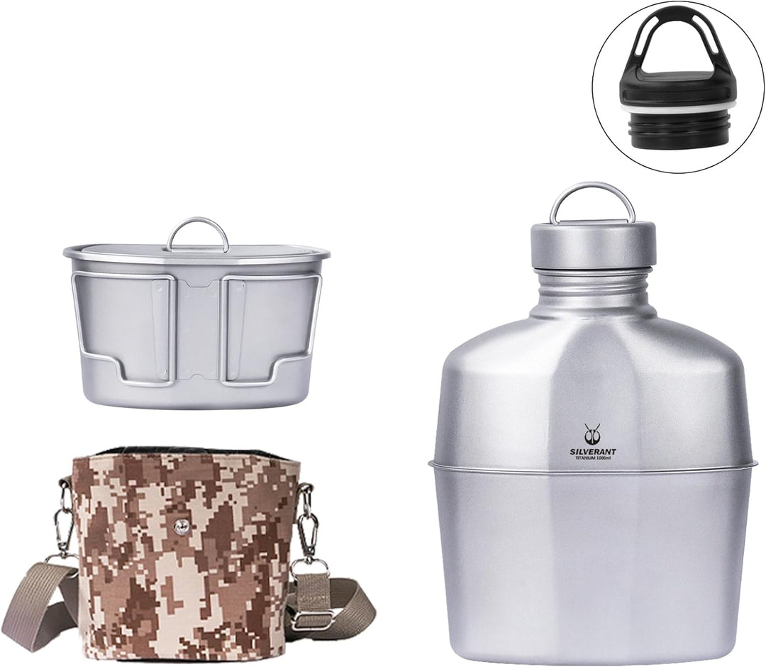 SILVERANT Titan Canteen Militär Verpflegungsset – 1000ml Wasserflasche mit 500ml verschränktem Beche