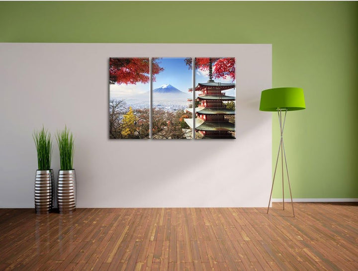 Pixxprint Japanischer Tempel im Herbst als Leinwandbild | Grösse: 3 Teilig (120x80) | Wandbild| Kuns