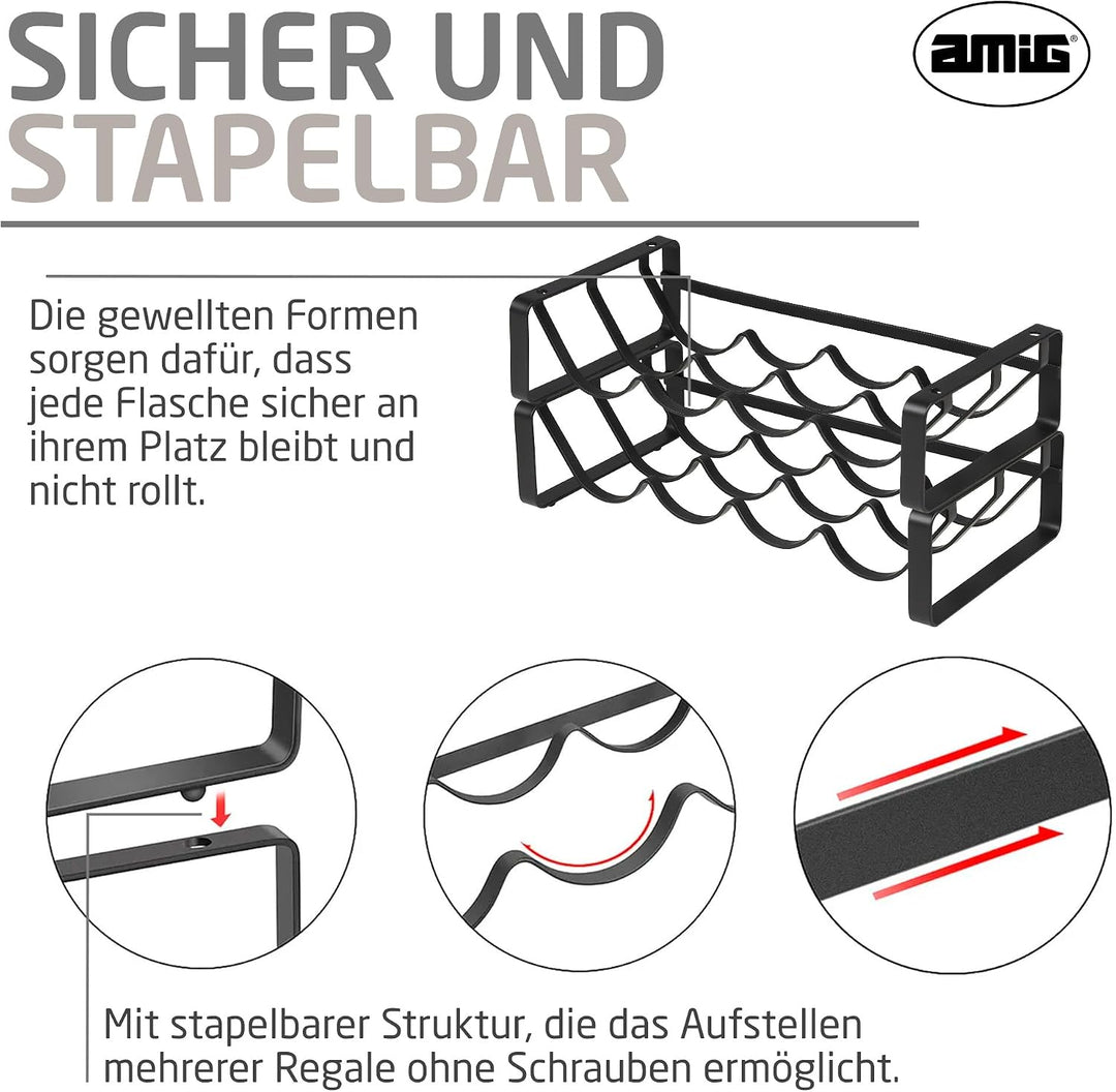 Amig - Stapelbares Flaschenregal für 8 Flaschen - 2er-Pack aus schwarzem Stahl - Flaschenhalter für