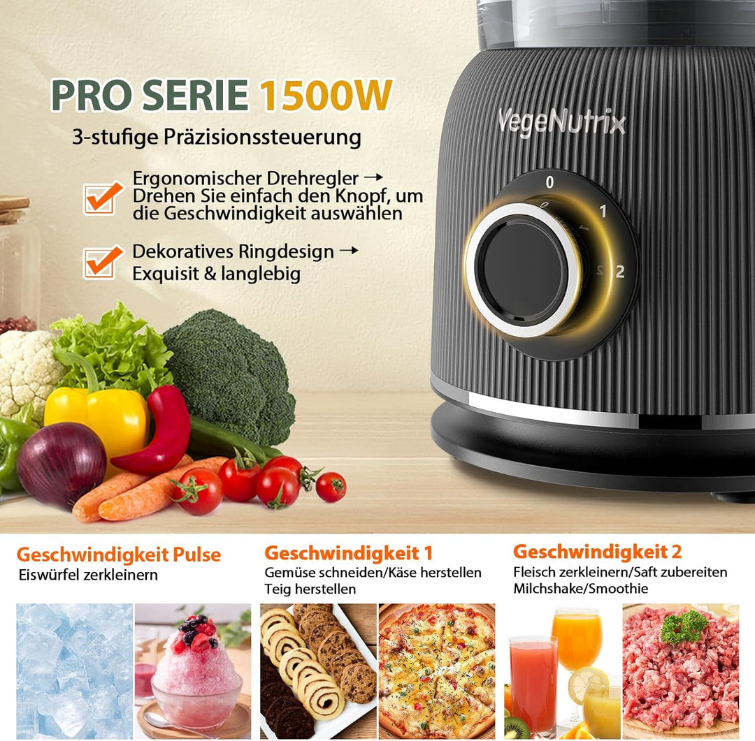 Küchenmaschine und Mixer Kombination 1500W, 2,5L Zerkleinerer für Fleisch, Gemüse und Teig, 2L Stand