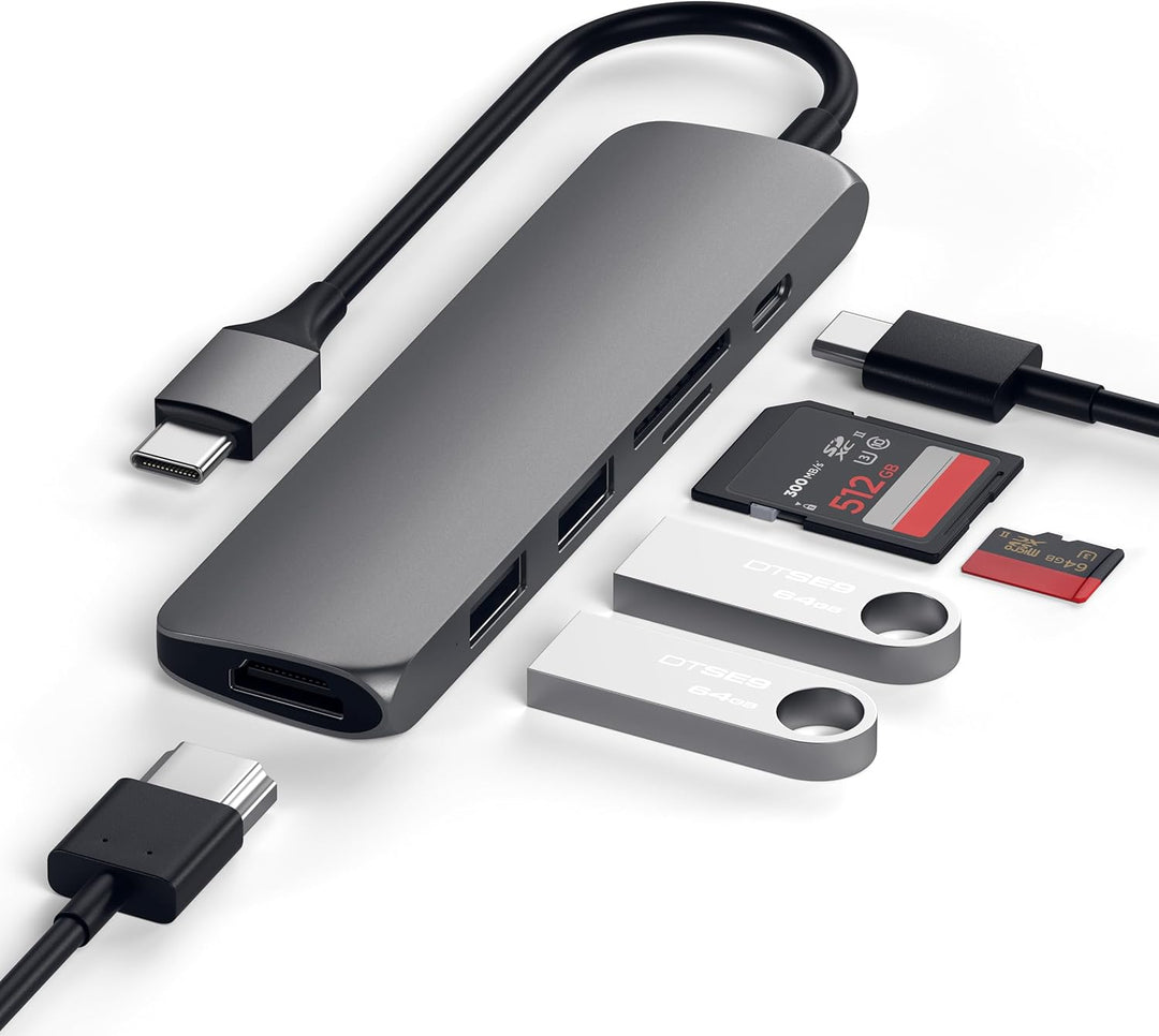 SATECHI 6-in-1 USB-C Hub Slim, Multiport-Adapter, Dockingstation mit 4K HDMI, 60W Power Delivery, 2X