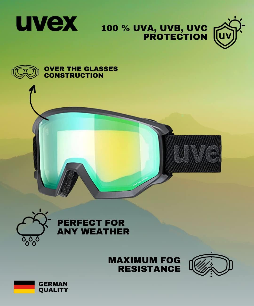 uvex Unisex Athletic Fm Skibrille (1er Pack) Einheitsgrösse black matt/green-LGL, Einheitsgrösse bla