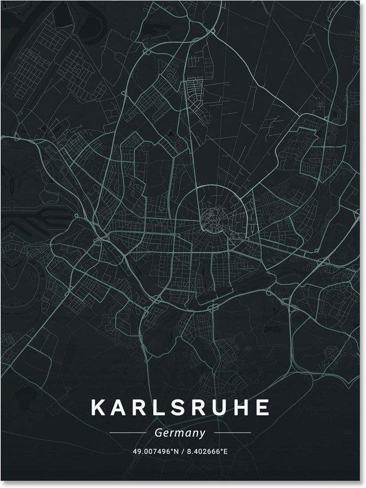 wandmotiv24 Stadt Karte als Leinwandbild, 100x75cm, Hochformat, Karlsruhe, Deutschland, Strassen, An