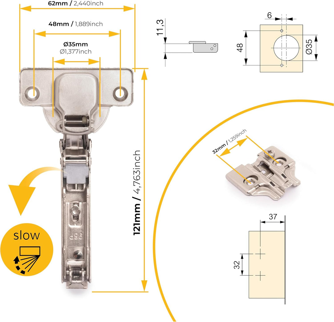 Emuca - Scharnier X92, sanftes Schliessen, Öffnungswinkel 105º, Montageplatte zum Anschrauben, Nicke