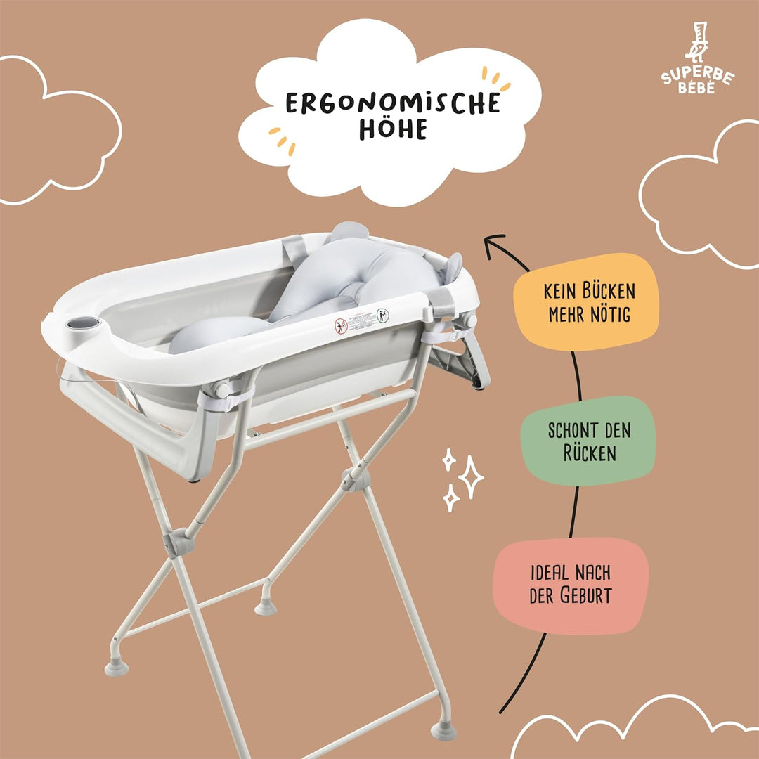 SUPERBE BEBE Faltbarer Badewannenständer für Babybadewannen, Grau, Kompatibel mit LEAF und CLOUD Bad