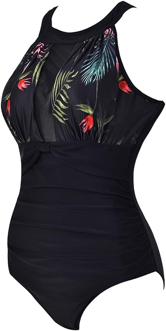 VILOREE Damen Schlankheits Badeanzug Raffung Einteiler High Neck Bademode Strandmode M Blumen 