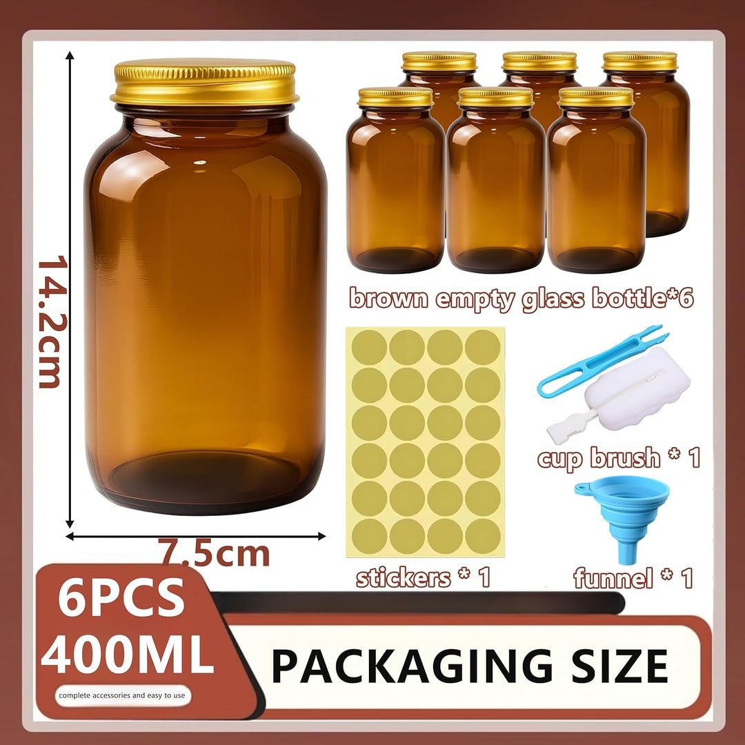 6 Stück Vorratsdosen Glas Set, Braungläser 400ml mit Deckel Luftdichtl, Luftdicht Braunglasflasche m