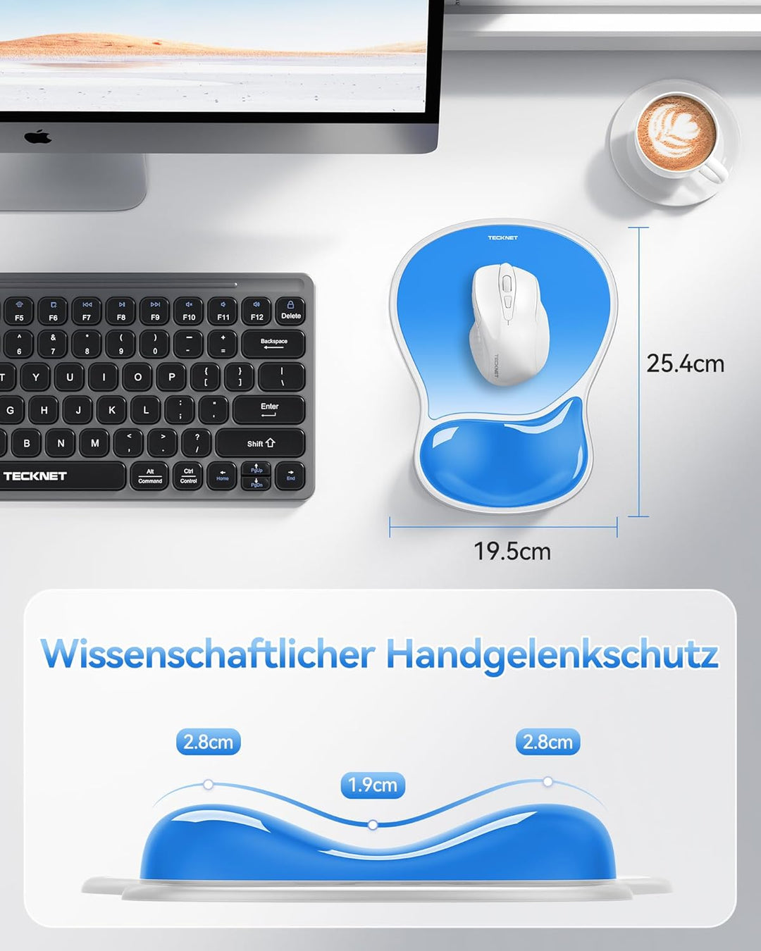 TECKNET Mauspad mit Gel-Handgelenkauflage, Ergonomische Tropfenförmige Vertiefung, Passt & Weich, Wa