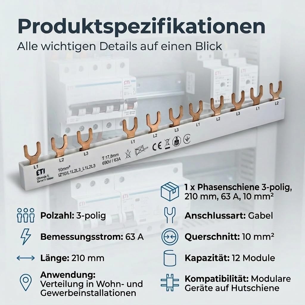 ETI Phasenschiene mit Gabelanschluss 10 mm² - 3-polig - 63A - isoliert - Reihenschiene Sammelschiene