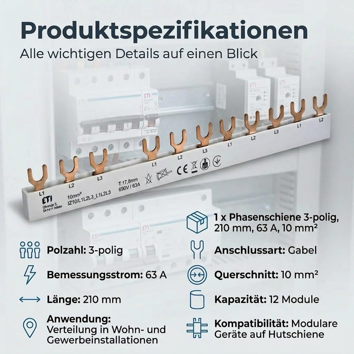 ETI Phasenschiene mit Gabelanschluss 10 mm² - 3-polig - 63A - isoliert - Reihenschiene Sammelschiene