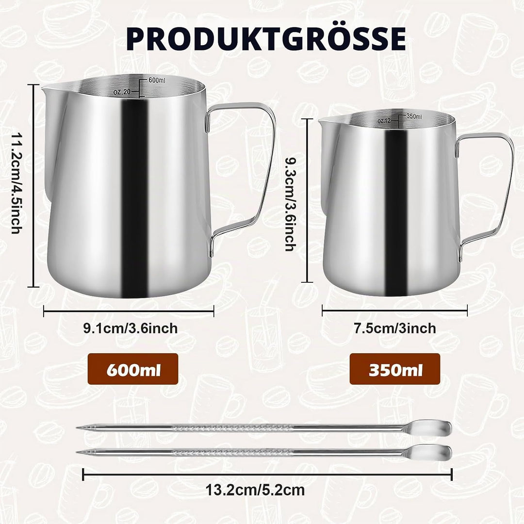 2 Stück Milchkännchen Edelstahl, Milchkanne Edelstahl 350ml &amp; 600ml, Milchaufschäumer Kanne, Milchkä