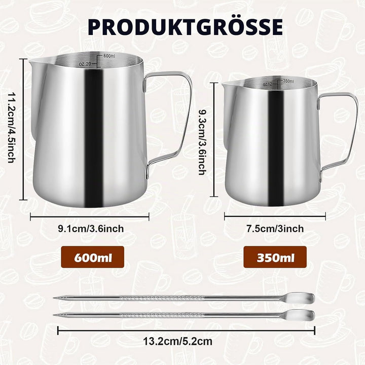 2 Stück Milchkännchen Edelstahl, Milchkanne Edelstahl 350ml &amp; 600ml, Milchaufschäumer Kanne, Milchkä