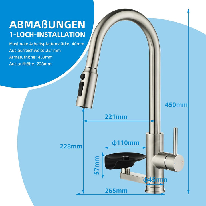 3 Wege Wasserhahn Küche Mynaiad Wasserfilter Glasspüler Ausziehbar Dual-Auslauf,360°-Drehung Küchena