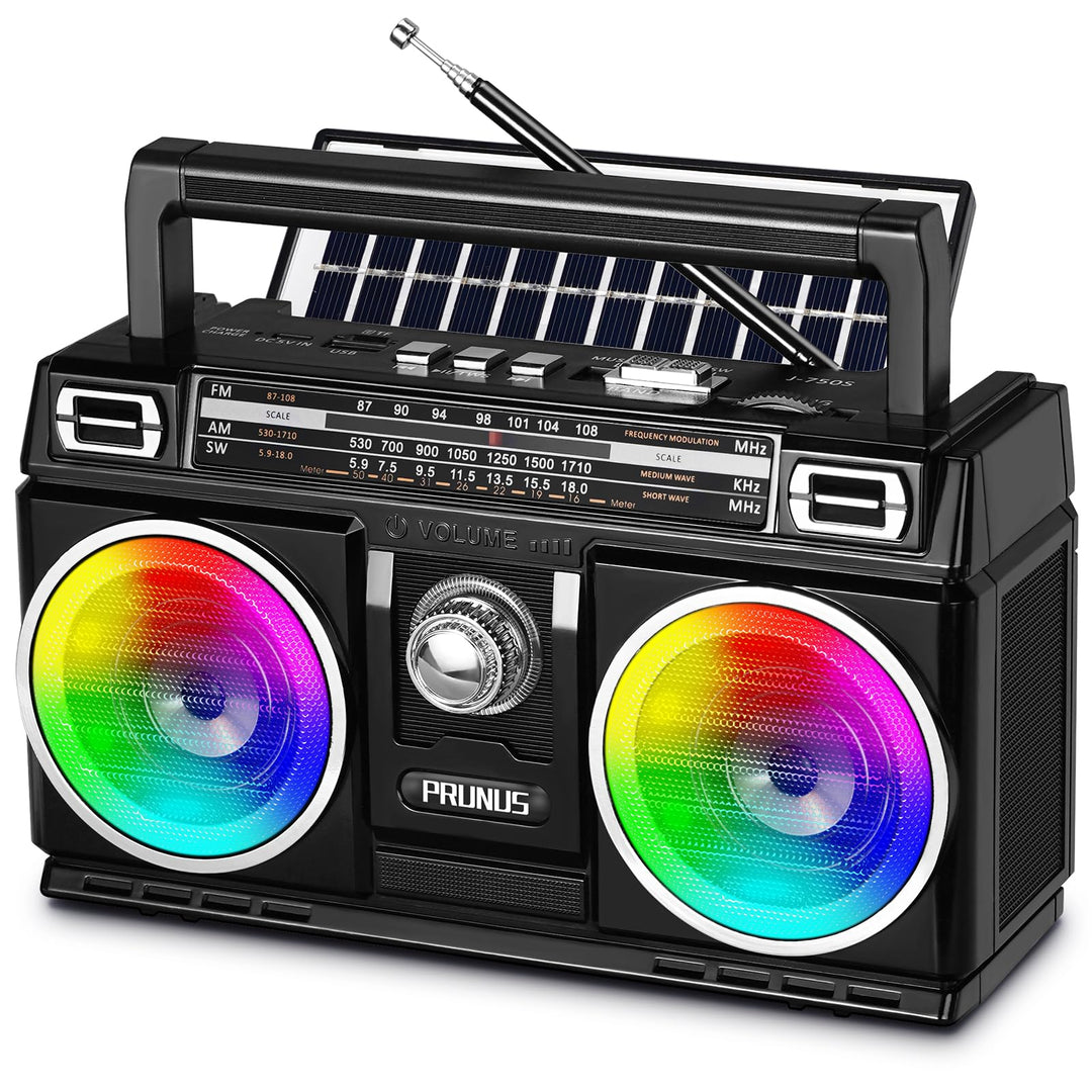 PRUNUS J-750 Retro Radio FM/AM/SW Transistorradio, Tragbares Radio mit 1800mAh Akku, Solar/USB-C Auf