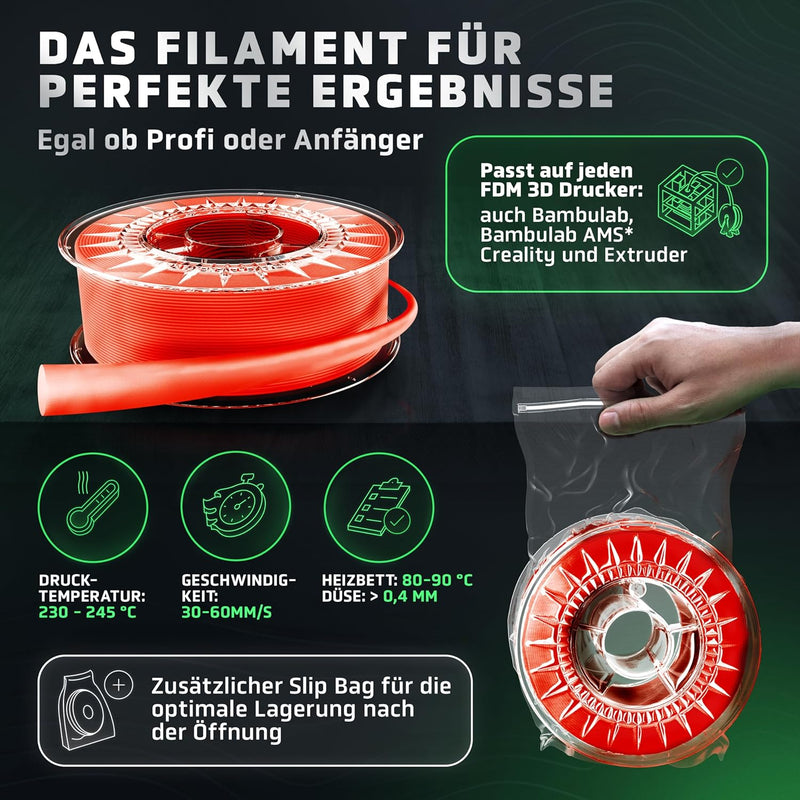 Vision 3D® PETG Glossy Filament 1.75 - [1KG Spule] 3D Drucker Filament PETG - Wasserfest, Hitze- & U