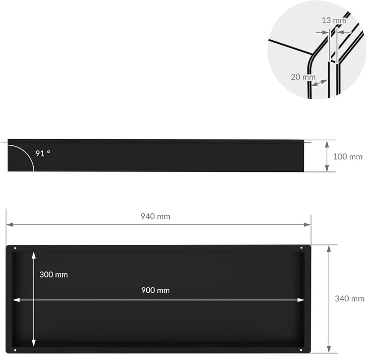 LuxeBath Wandnische aus Edelstahl, 90x30x10 cm, Schwarz, Duschnische, Randlos, Einbauregal, Flexible
