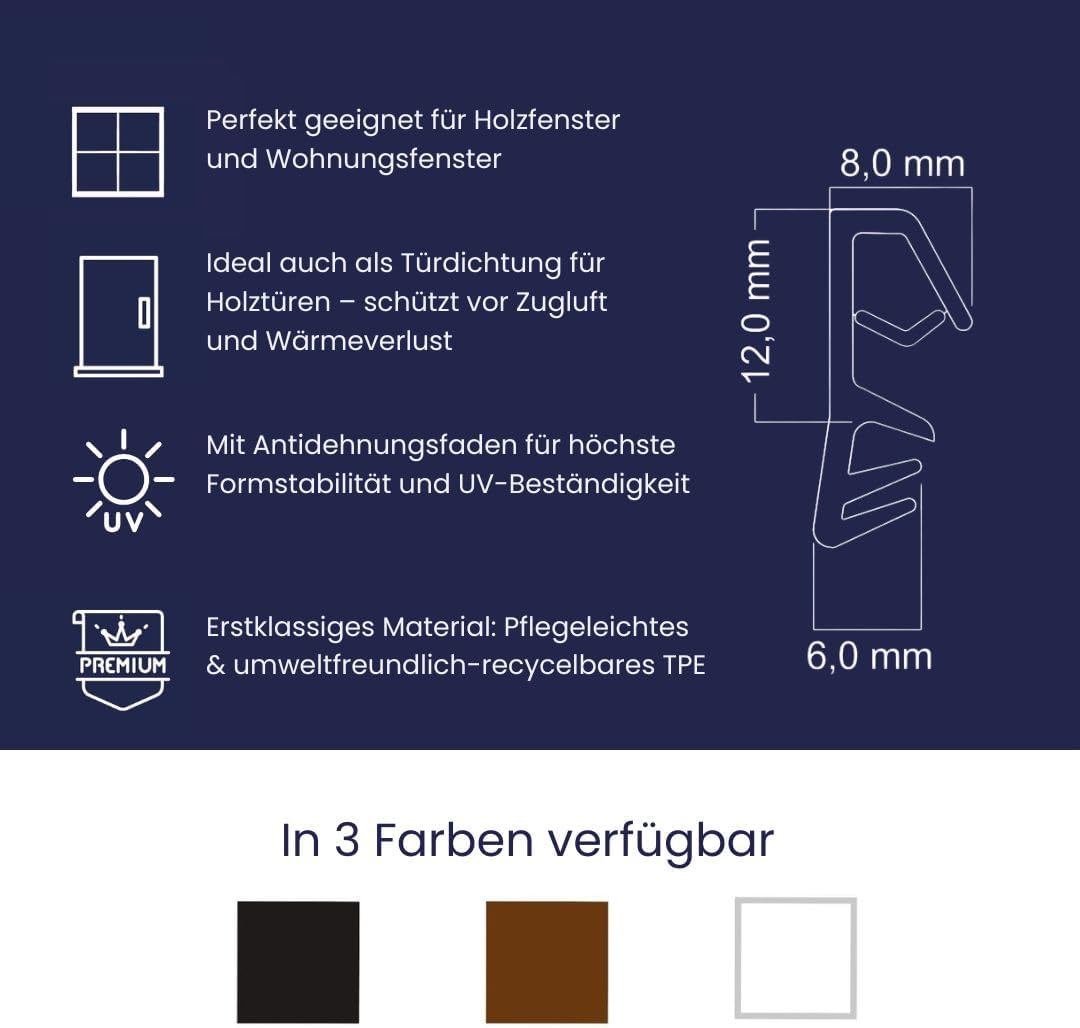 Fensterdichtung Braun 10m - 5mm Nutbreite / 12mm Falz aus TPE hochwertige Gummidichtung Holzfensterd
