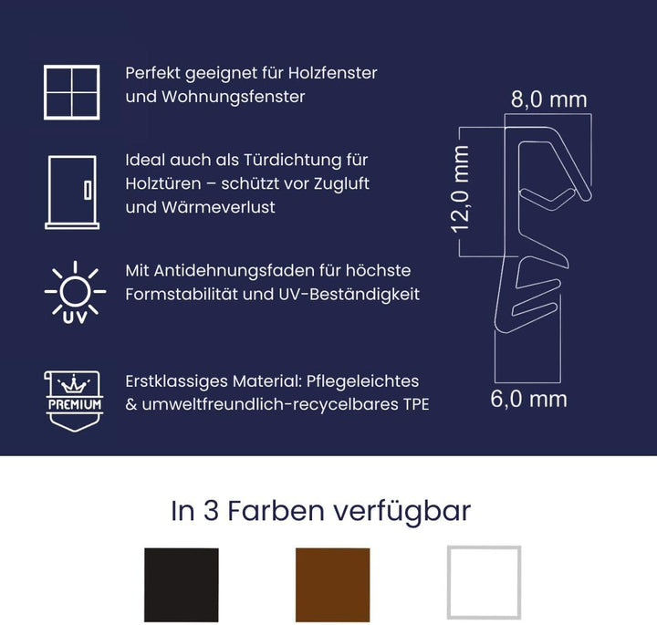 Fensterdichtung Braun 10m - 5mm Nutbreite / 12mm Falz aus TPE hochwertige Gummidichtung Holzfensterd
