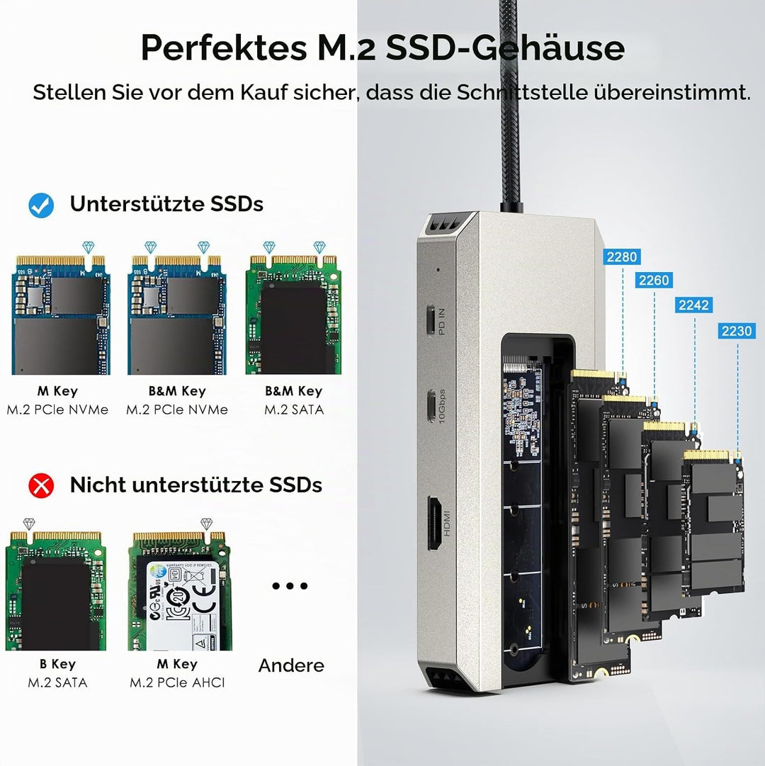 WAVLINK USB-C-Hub, 10-Gbit/s USB-C-Hub mit M.2 PCIe/SATA SSD-Anschluss, HDMI, 100-W-PD, USB-A&amp;C 3.2/