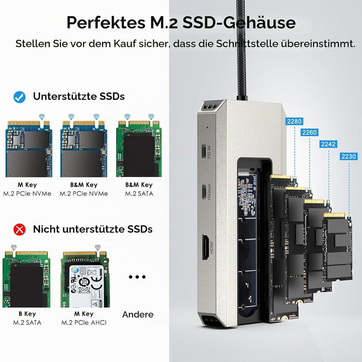 WAVLINK USB-C-Hub, 10-Gbit/s USB-C-Hub mit M.2 PCIe/SATA SSD-Anschluss, HDMI, 100-W-PD, USB-A&amp;C 3.2/