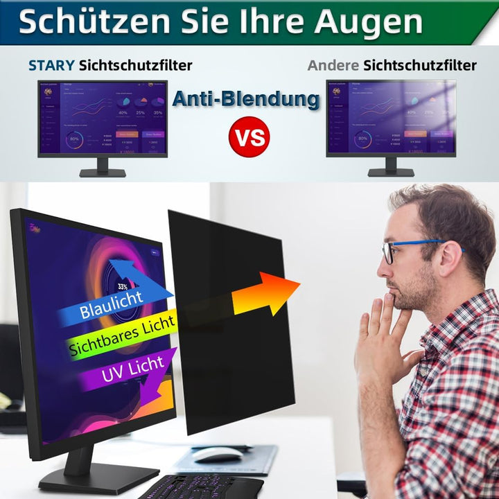 STARY Blickschutzfolie 24 Zoll für 16:9 Monitor, Anti-Blaulicht Displayschutz, Abnehmbarer Blendschu