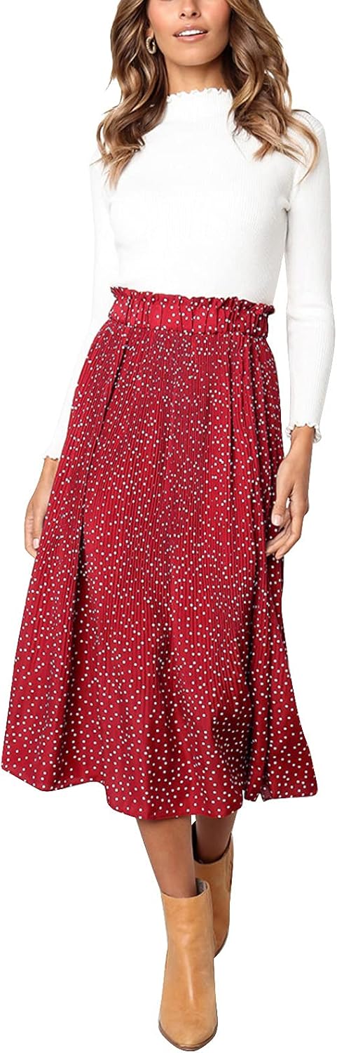 Hoerev Frauen Print Punkt mit Taschen Falten Langer Rock Beach Party Maxi Rock S Rot Punkt, S Rot Pu