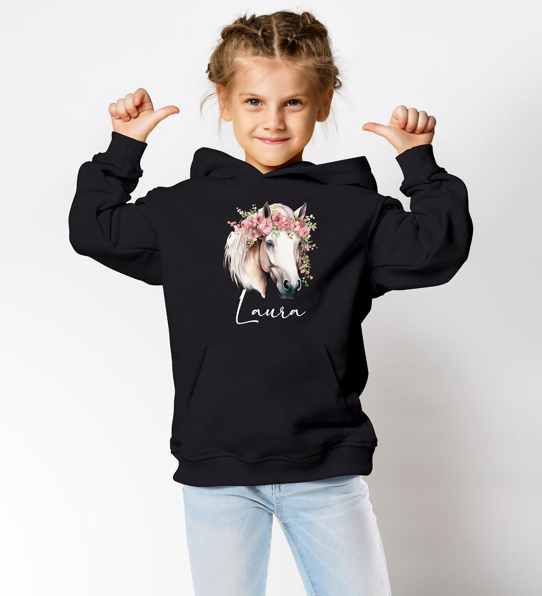 SpecialMe® Kinder Hoodie Mädchen Pferdekopf mit Blumen Mädchengeschenke Pferde Print Aufdruck Pferd