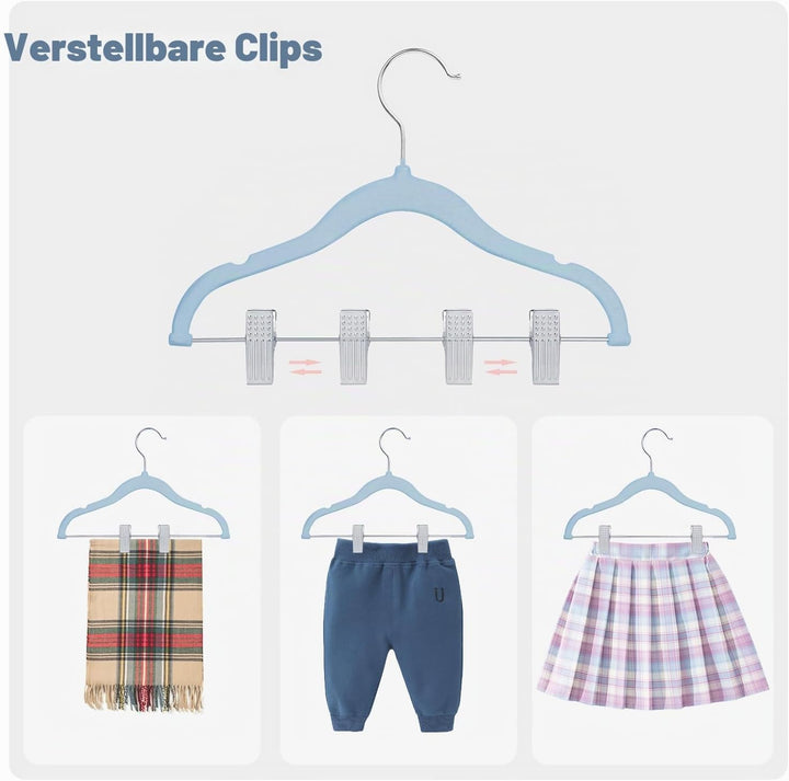 ManGotree 30cm Baby-Samtbügel mit Beweglichen Clips, rutschfeste Kinder-Kleiderbügel, Ultradünne Pla